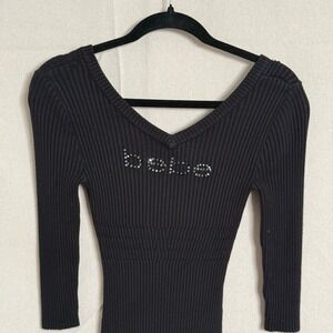 Bebe Womens Black Ribbed Knit Rhinestone Logo Bodycon Mini Dress XS V-Neck